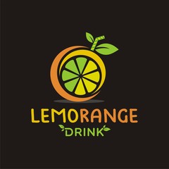Abstract lemon and orange logo with straw and leaves on black background