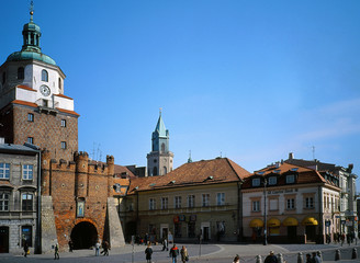 Lublin city, Poland: March, 2011: view to Tower of Krakow Gate and the Old Town