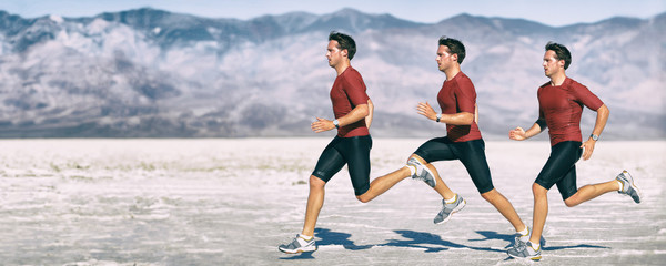 Run athlete multiple exposure of man runner sprinting. Cross country running in desert landscape...