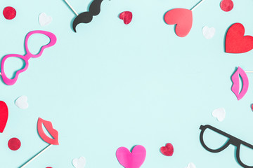 Valentine's day background with party accessories. Valentines day concept. Flat lay, top view, copy space