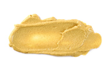 Yellow mustard sauce, spread isolated on white background, top view