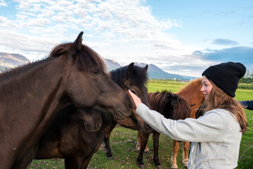 Girl caress gentle Icelandic horse in the farm of Varmahlid village.