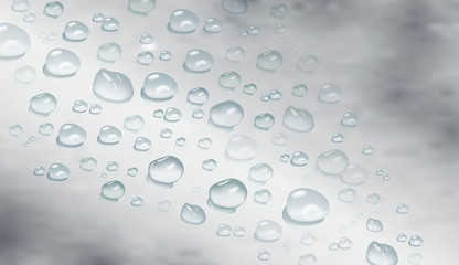 vector realistic water drops. modern realistic background of water drops on grey background. design for cover design, wrapping paper, flyer, poster.