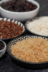Rice in the bowls, different spices