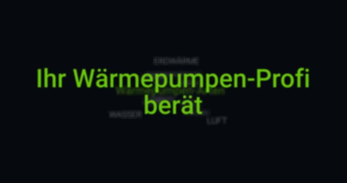 Animation als Konzept f&uuml;r einen W&auml;rmepumpen-Installateur. Kurze Beschreibung der Leistungen (Arten, Planung, Nutzung einer W&auml;rmepumpe). Schwarzer Hintergrund, gr&uuml;ne Schrift.