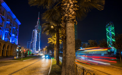 Fototapeta na wymiar Beautiful European city shines in the night, Batumi Georgia at night.