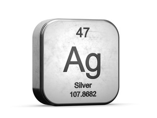 Silver element from the periodic table series. Metallic icon set 3D rendered on white background