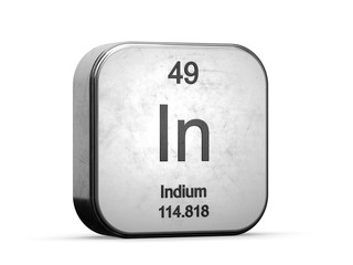 Indium element from the periodic table series. Metallic icon set 3D rendered on white background