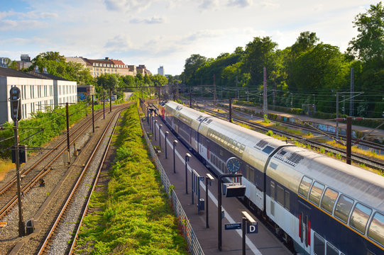 Fototapeta Train arriving to station, Copenhagen