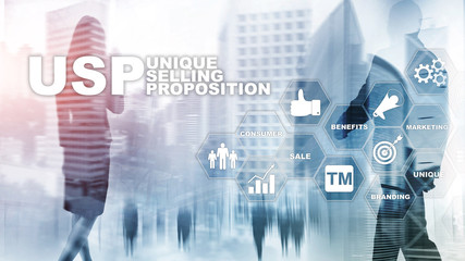 UPS - Unique selling propositions. Business and finance concept on a virtual structured screen. Mixed media.