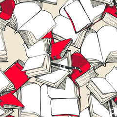 Hand drawn red opened books seamless pattern. Colored sketch style vector background