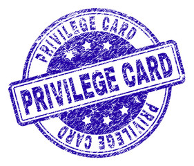 PRIVILEGE CARD stamp seal imprint with grunge texture. Designed with rounded rectangles and circles. Blue vector rubber print of PRIVILEGE CARD caption with dirty texture.