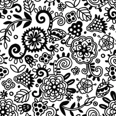Behang Seamless floral pattern with little cute flowers, berries and swirls on it. Vector background © oksanase