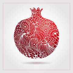 Vector creative abstract pomegranate fruit. Decorative design for Jewish holidays. Tu Bishvat, Sukkot, Rosh Hashanah. Hand drawn pattern with pomegranate ornaments and elements. Healthy food logo.