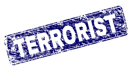 TERRORIST stamp seal print with distress texture. Seal shape is a rounded rectangle with frame. Blue vector rubber print of TERRORIST text with dirty texture.