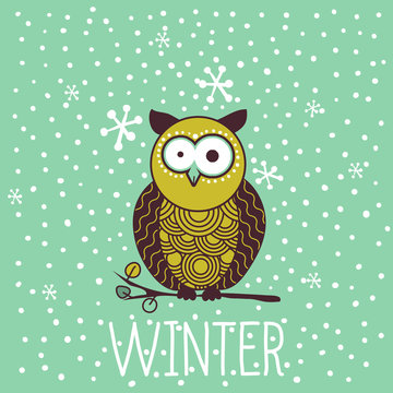 Cute shocked cartoon owl in winter. Snowfall and snowflakes. Postcard or poster or greeting card design for holidays. Vector illustration