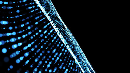 Music abstract background blue. Abstract polygonal low poly wave background with connecting dots and lines.Particle placement with hanging dots in space. Large data background .3d rendering.