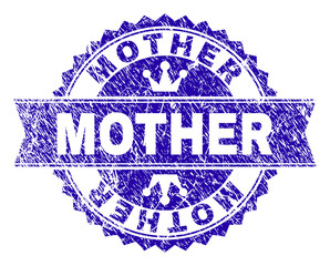 MOTHER rosette stamp seal watermark with grunge texture. Designed with round rosette, ribbon and small crowns. Blue vector rubber watermark of MOTHER caption with unclean texture.