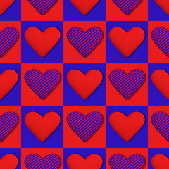 Seamless pattern of red and blue striped hearts. Hearts covered with fabric. Illustration.