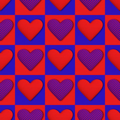 Seamless pattern of red and blue striped hearts. Hearts covered with fabric. Illustration.