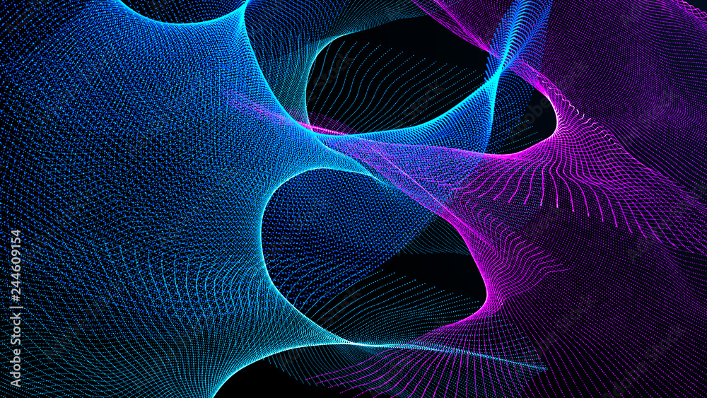 Poster clash of musical waves. interweaving of atomic particles in space. network connection structure. lar