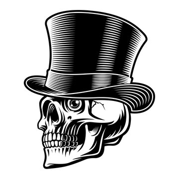 Black and white illustration of a skull in top hat