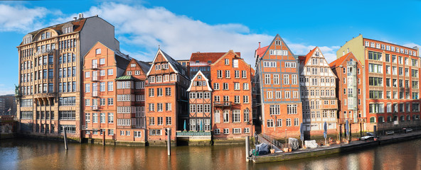 Historical brick houses in Hamburg Speicherstadt, panoramic image