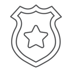 Police badge thin line icon, police and sheriff, officer badge sign, vector graphics, a linear pattern on a white background.