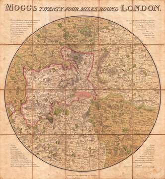 1820, Mogg Pocket or Case Map of London, England, 24 Miles around