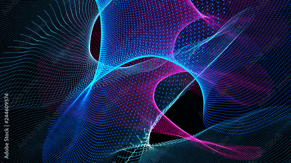 Poster clash of musical waves. interweaving of atomic particles in space. network connection structure. lar
