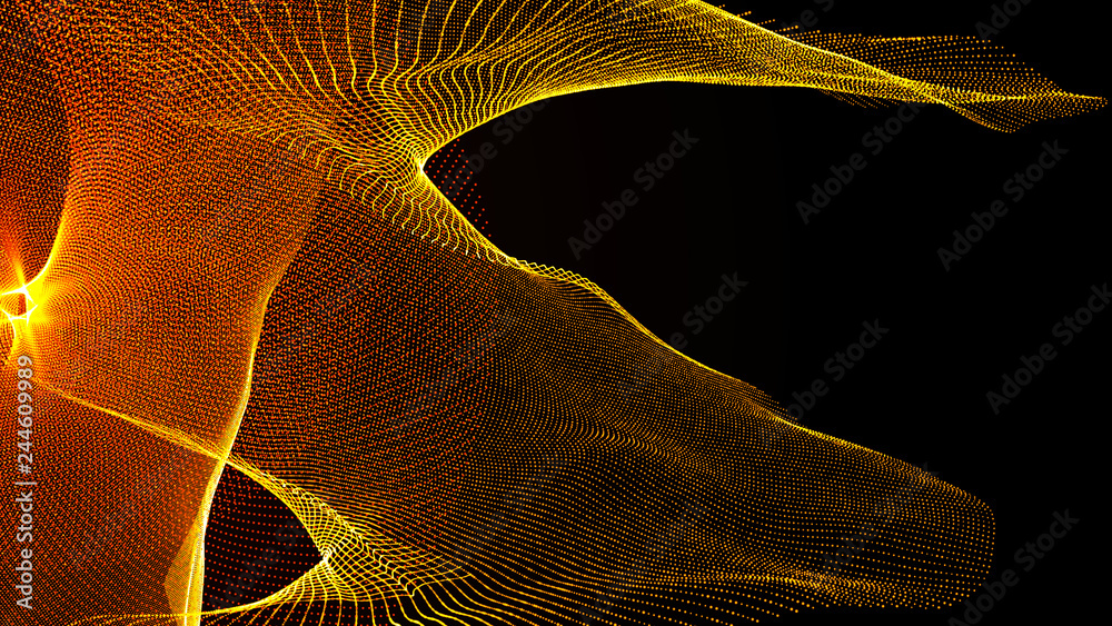 Poster clash of musical waves. interweaving of atomic particles in space. network connection structure. lar