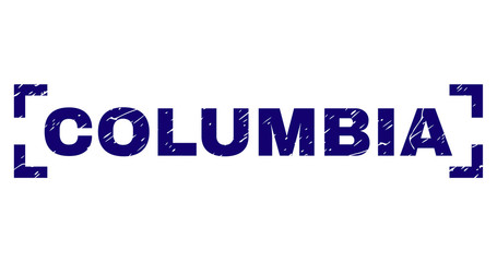 COLUMBIA title seal watermark with grunge texture. Text title is placed between corners. Blue vector rubber print of COLUMBIA with unclean texture.