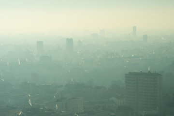 Urban landscape with smog. Aerial view of city with polluted air.