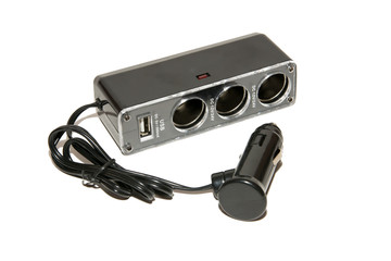 Adapter for charging USB devices from car cigarette lighter. Isolated on white background....