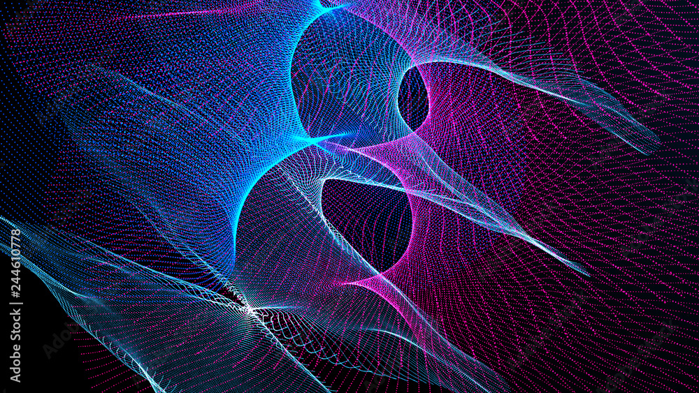 Poster clash of musical waves. interweaving of atomic particles in space. network connection structure. lar