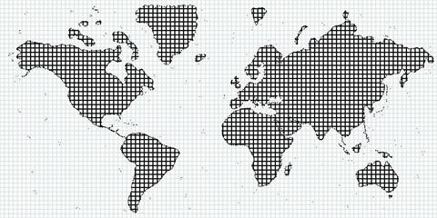 Fototapeta premium Black and White Striped Pattern with World Map. Mesh Image of the Surface of the Earth