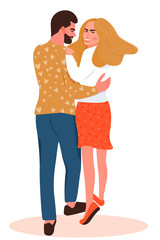 Valentine's day card with happy couple. Man hugging his lady. Vector illustration on white background.