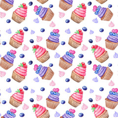 Seamless pattern with hand painted watercolor sweet cupcake and berries. Print, package design, wrapping, textile.
