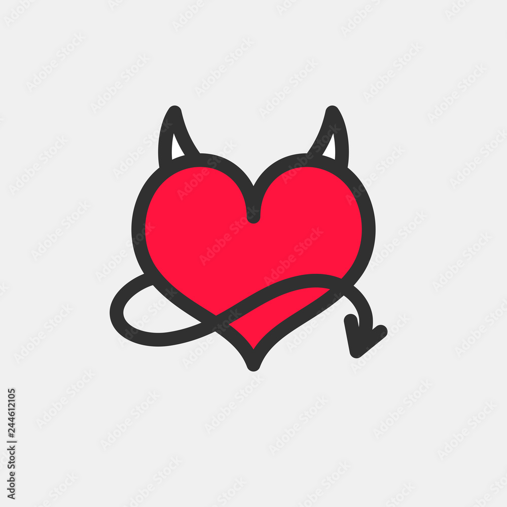 Poster devil's heart with horns and a tail. vector icon.