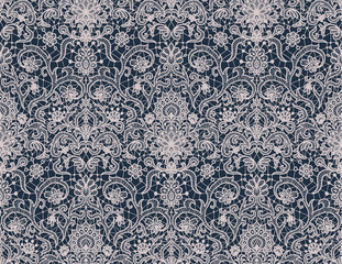 Seamless dark blue lace background with floral pattern