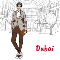 Man in shopping mall in Dubai, United Arab Emirates. Hand-drawn illustration. Fashion sketch