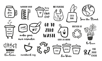 Hand drawn doodle elements of zero waste lifestyle.