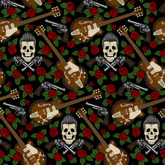 Rockabilly seamless pattern with skull, guns, guitar and roses