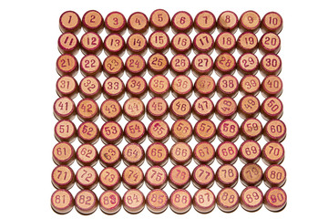 Wooden kegs for a game in a lotto with red numbers. Gambling. Vintage barrels Bingo Board game.