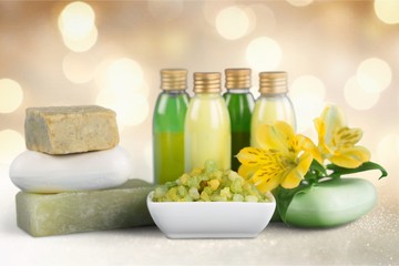 Obraz na płótnie Canvas Spa treatment health spa candle towel bar of soap orchid