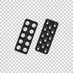 Pills or capsules in blister package icon isolated on transparent background. Tablets in package. Medications Accessory pharmacies and first aid kits. Flat design. Vector Illustration