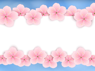 Vector spring background (4:3). White banner with a frame of pink spring flowers (cherry or sakura). EPS 10.