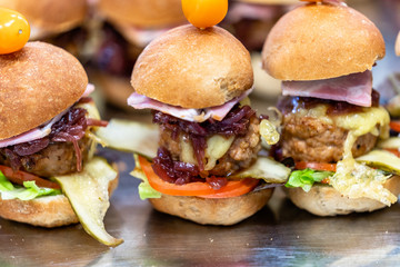 Closeup View of Small Handmade Burgers on the Table with Pickles, Tomatoes, Pork Cutlets and Salads as Ingredients - Kitchen Set