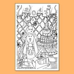 Adult coloring book page. Mono color black ink illustration, vector art. Xmas or Merry Christmas vertical postcard rabbit in new year interior. Vector illustration