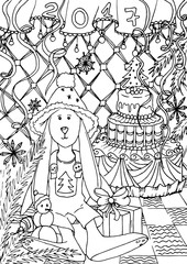 Adult coloring book page. Mono color black ink illustration, vector art. Xmas or Merry Christmas vertical postcard rabbit in new year interior. Vector illustration